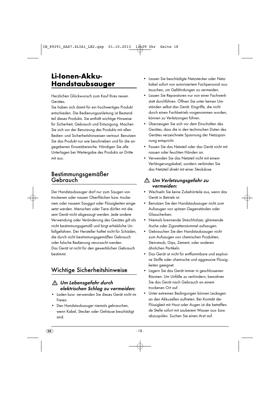 Li-ionen-akku- handstaubsauger, Bestimmungsgemäßer gebrauch, Wichtige sicherheitshinweise | Um verletzungsgefahr zu vermeiden | Silvercrest SAS 7.4 LI A2 User Manual | Page 21 / 35