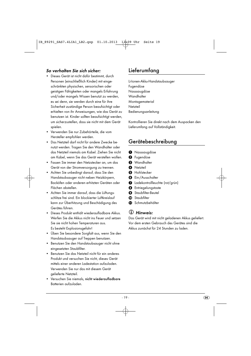 Lieferumfang, Gerätebeschreibung, So verhalten sie sich sicher | Hinweis | Silvercrest SAS 7.4 LI A2 User Manual | Page 22 / 35