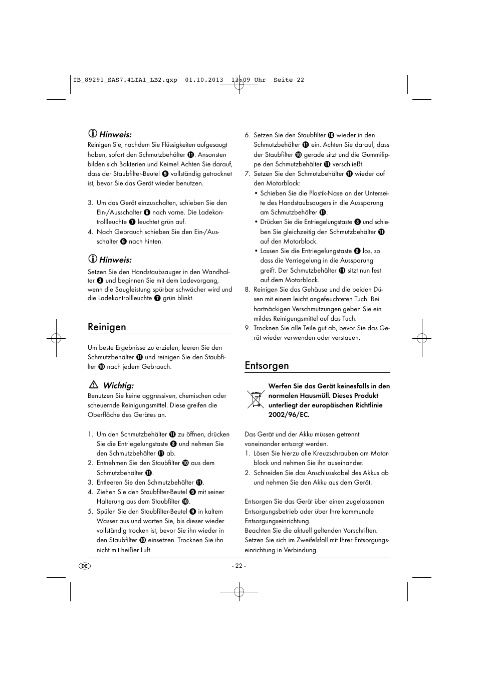 Reinigen, Entsorgen, Hinweis | Wichtig | Silvercrest SAS 7.4 LI A2 User Manual | Page 25 / 35