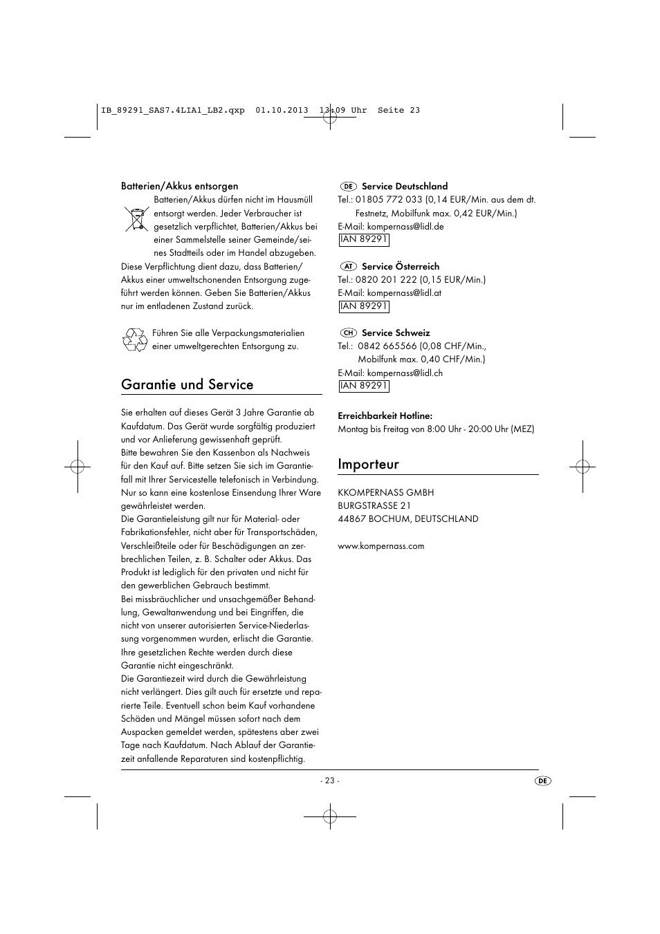 Garantie und service, Importeur | Silvercrest SAS 7.4 LI A2 User Manual | Page 26 / 35