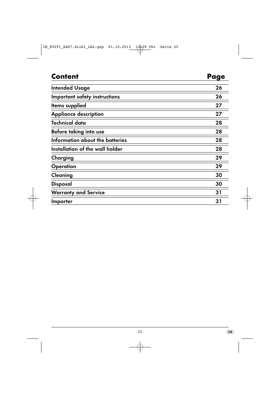 Content page | Silvercrest SAS 7.4 LI A2 User Manual | Page 28 / 35
