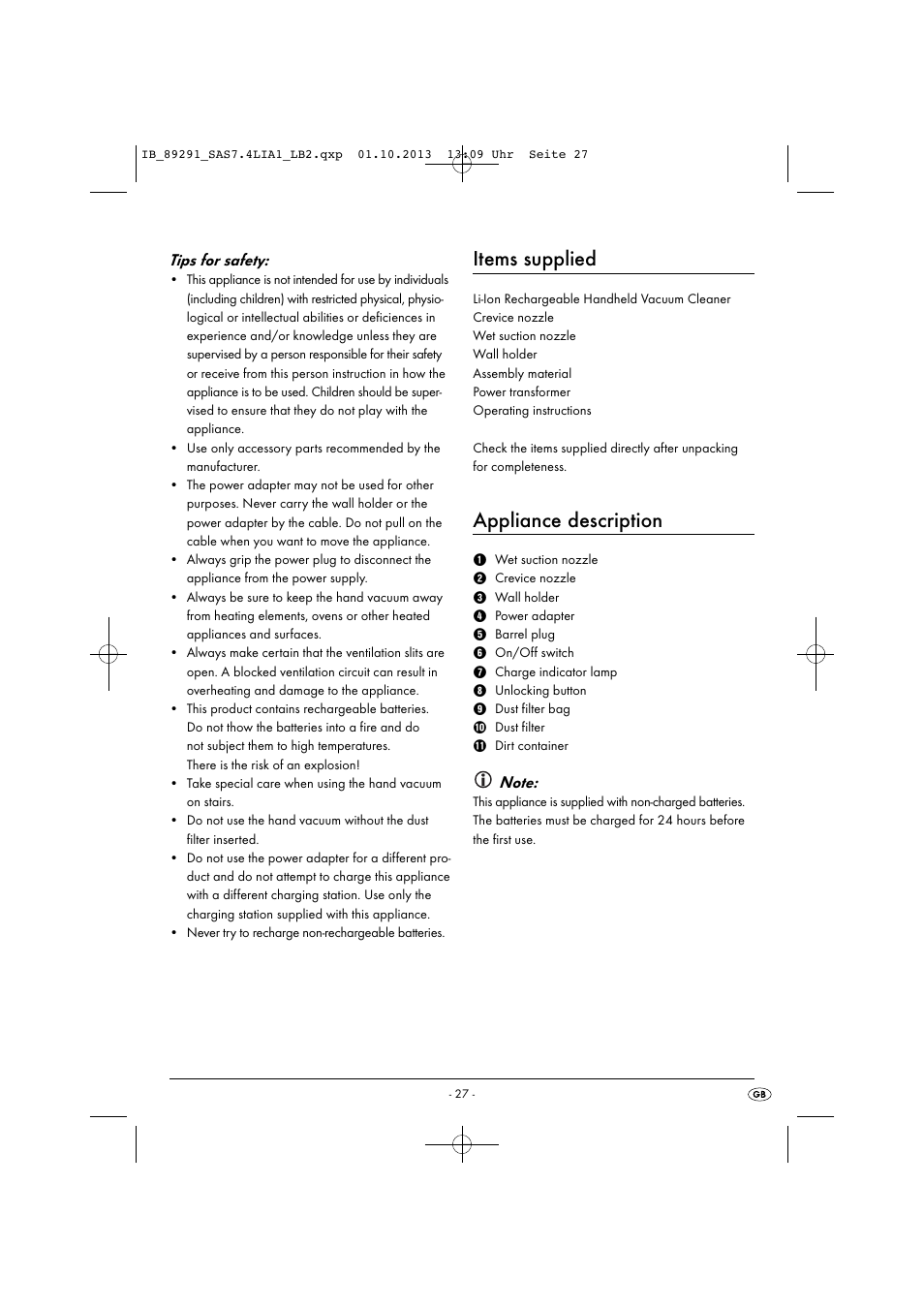 Items supplied, Appliance description, Tips for safety | Silvercrest SAS 7.4 LI A2 User Manual | Page 30 / 35