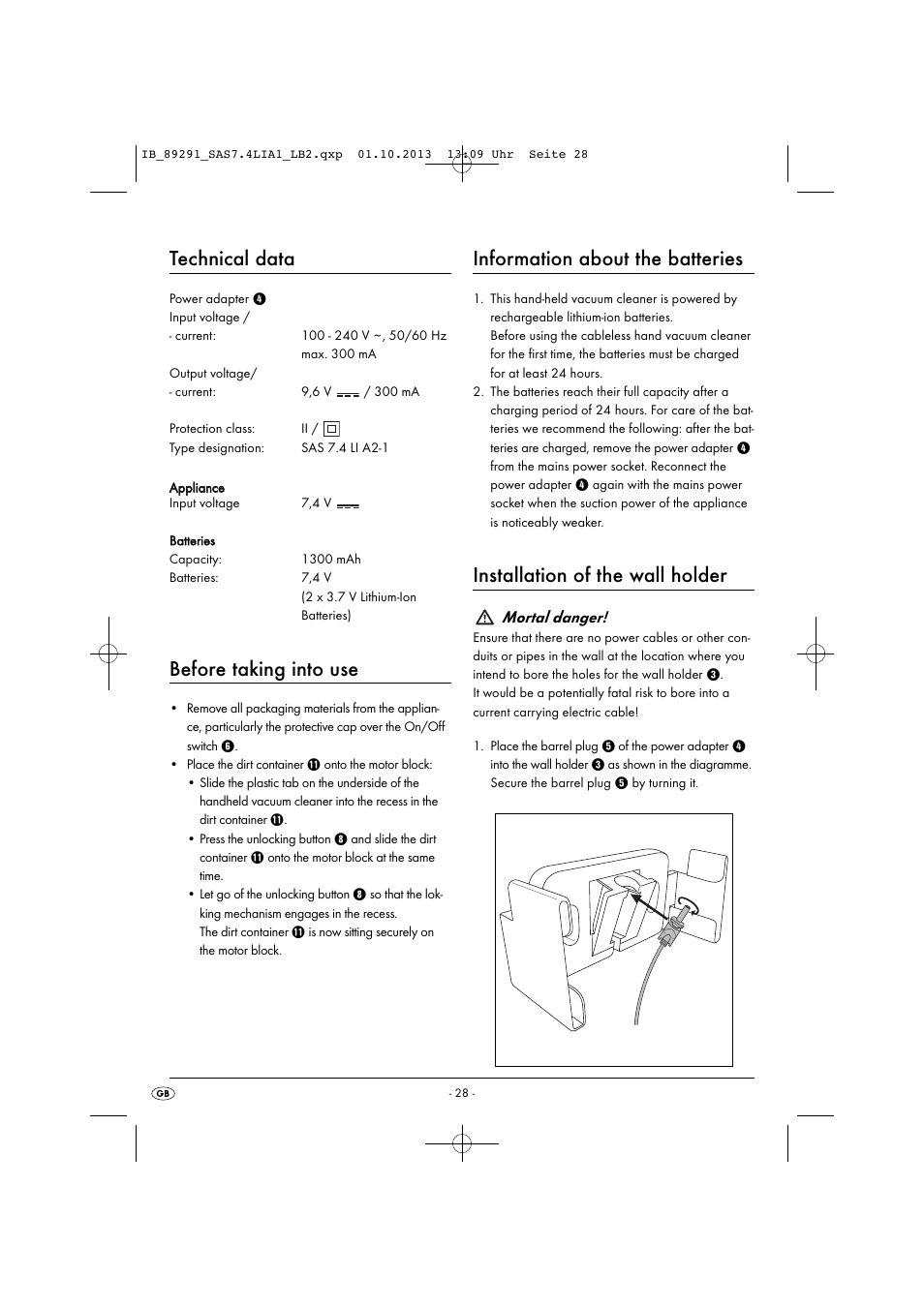 Technical data, Before taking into use, Information about the batteries | Installation of the wall holder, Mortal danger | Silvercrest SAS 7.4 LI A2 User Manual | Page 31 / 35