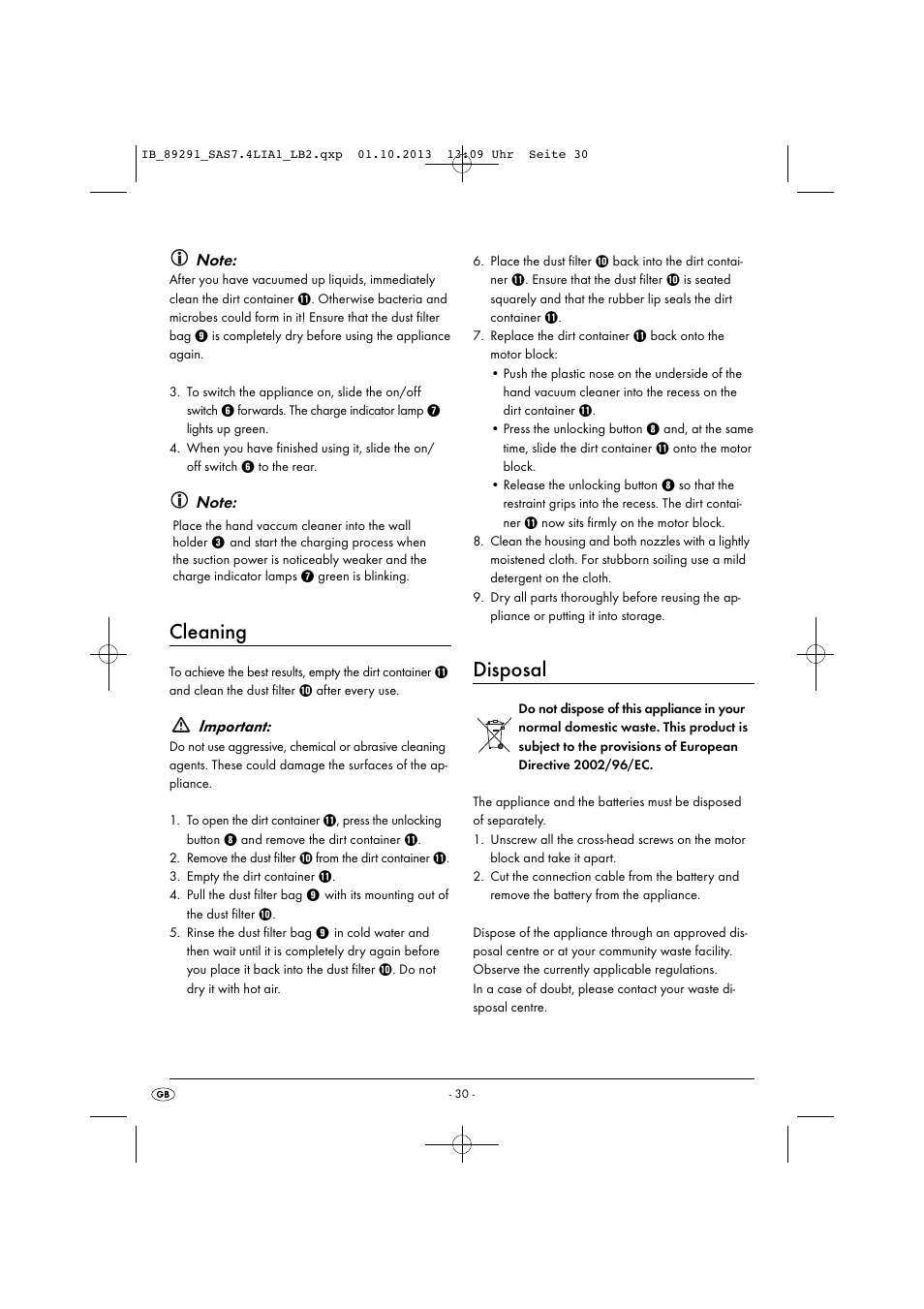 Cleaning, Disposal, Important | Silvercrest SAS 7.4 LI A2 User Manual | Page 33 / 35