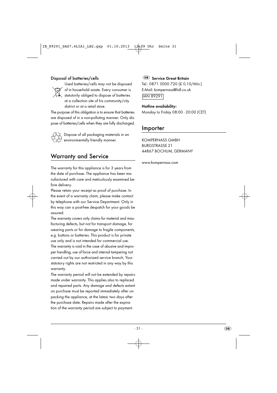 Warranty and service, Importer | Silvercrest SAS 7.4 LI A2 User Manual | Page 34 / 35