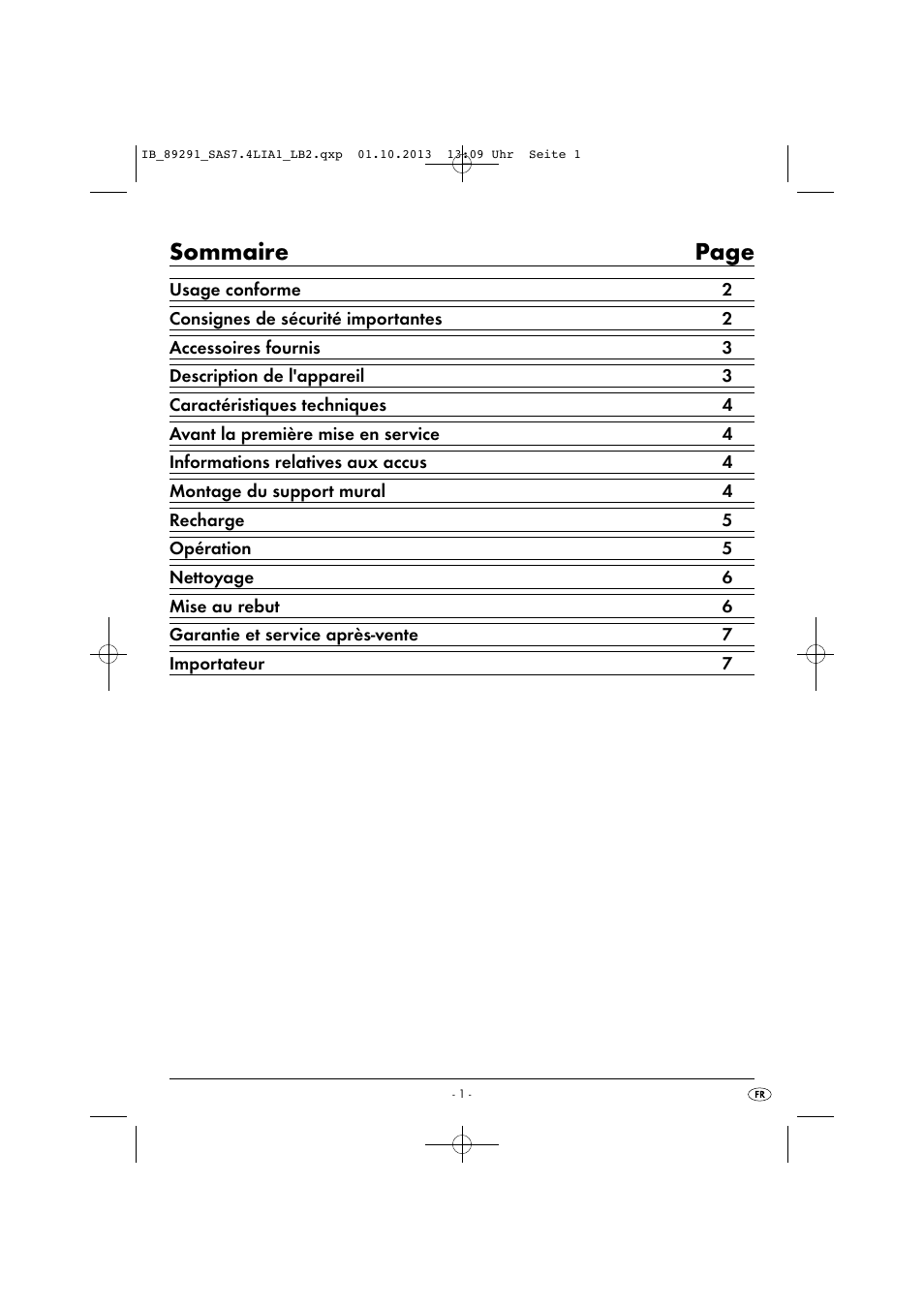 Sommaire page | Silvercrest SAS 7.4 LI A2 User Manual | Page 4 / 35