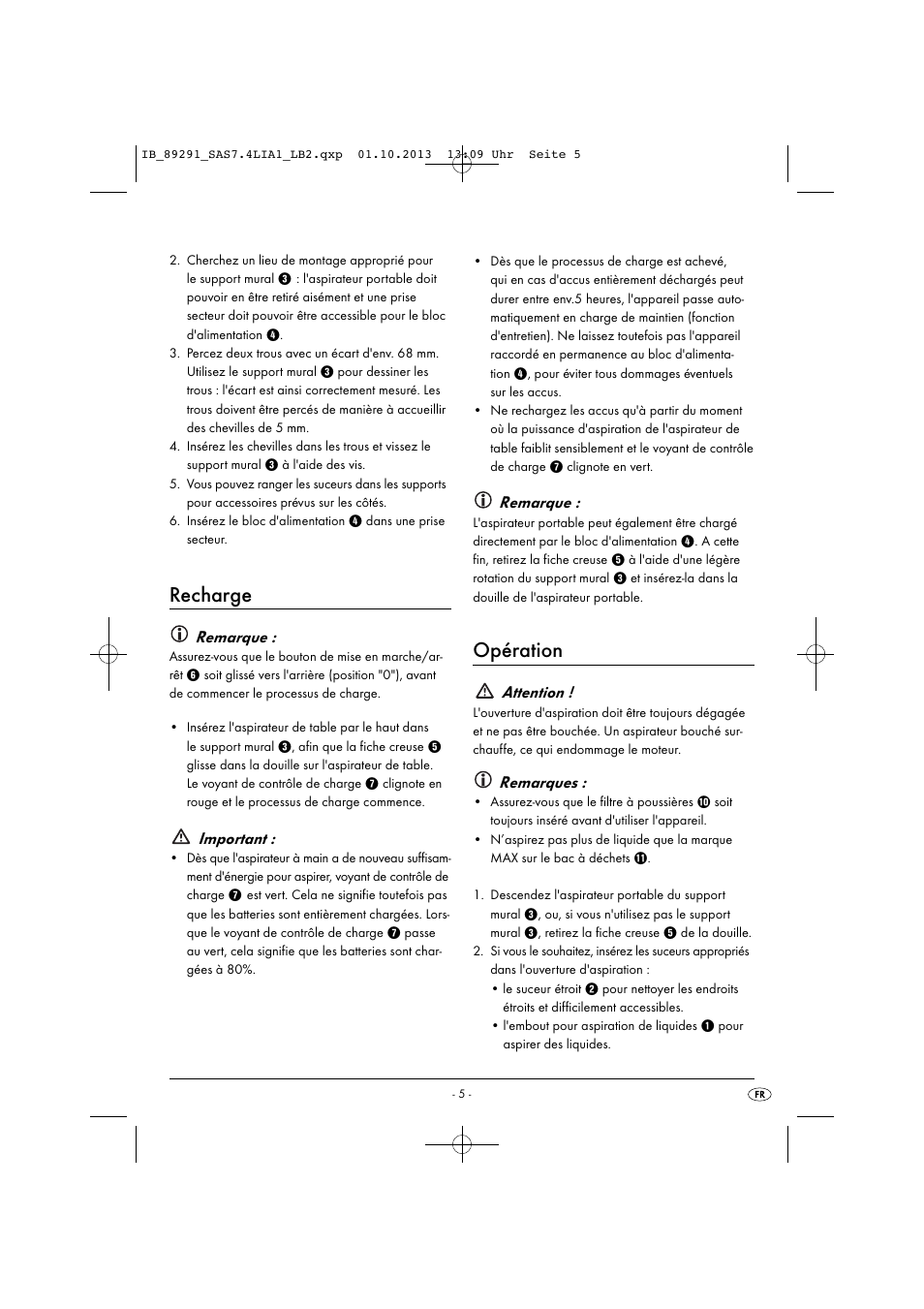 Recharge, Opération, Remarque | Important, Attention, Remarques | Silvercrest SAS 7.4 LI A2 User Manual | Page 8 / 35