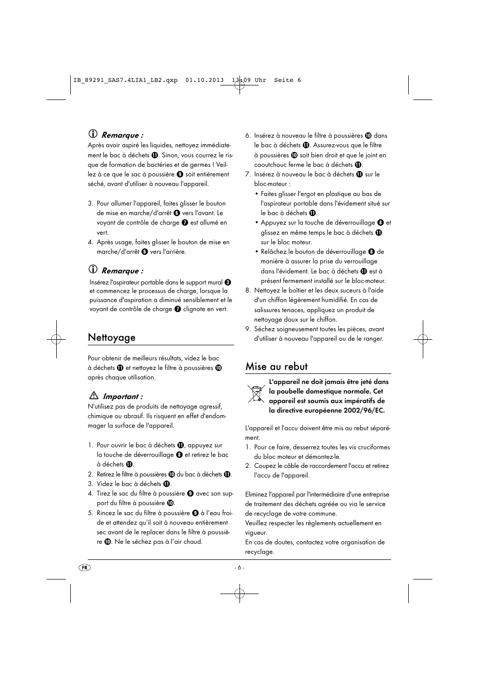 Nettoyage, Mise au rebut, Remarque | Important | Silvercrest SAS 7.4 LI A2 User Manual | Page 9 / 35