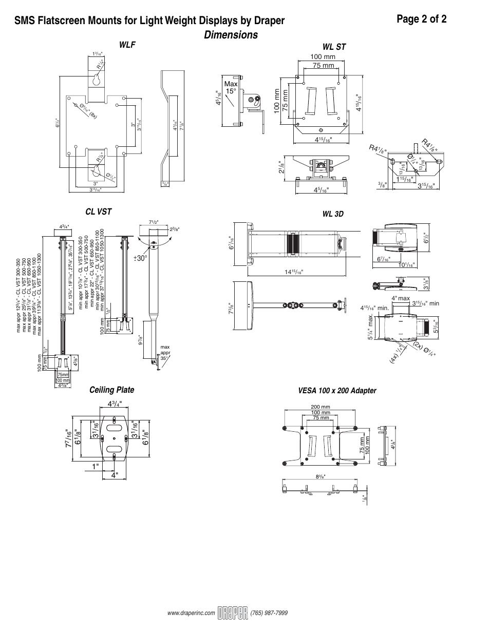 Dimensions, Wl st cl vst wlf, Ceiling plate | Wl 3d 6, Max 15° ø | Draper CL VST 1050-1300 User Manual | Page 2 / 2