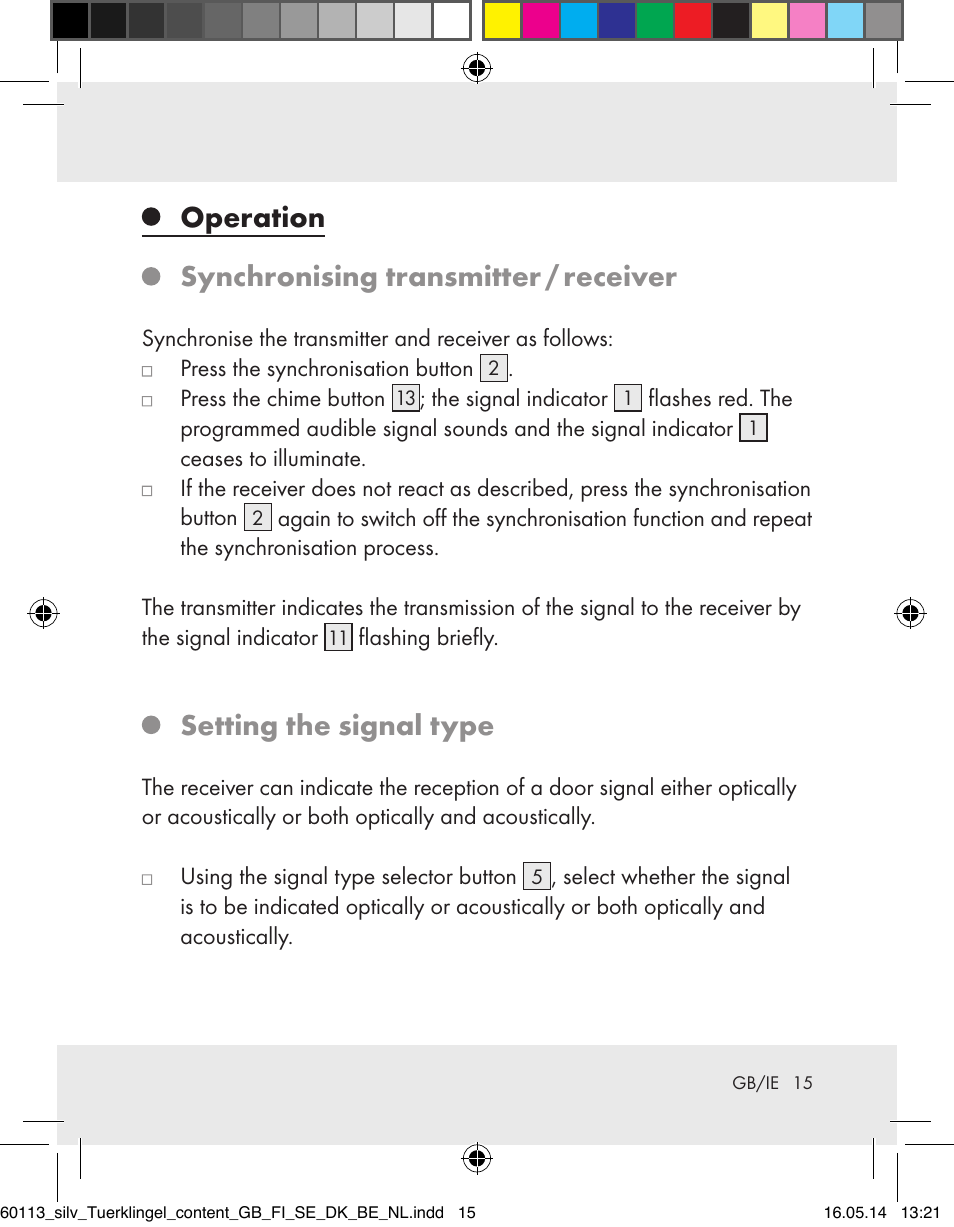 Operation synchronising transmitter / receiver, Setting the signal type | Silvercrest Z32155 User Manual | Page 15 / 101