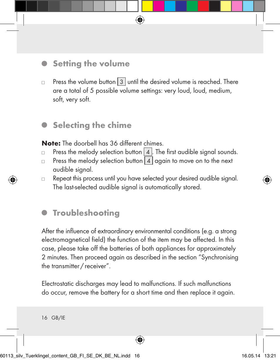 Setting the volume, Selecting the chime, Troubleshooting | Silvercrest Z32155 User Manual | Page 16 / 101