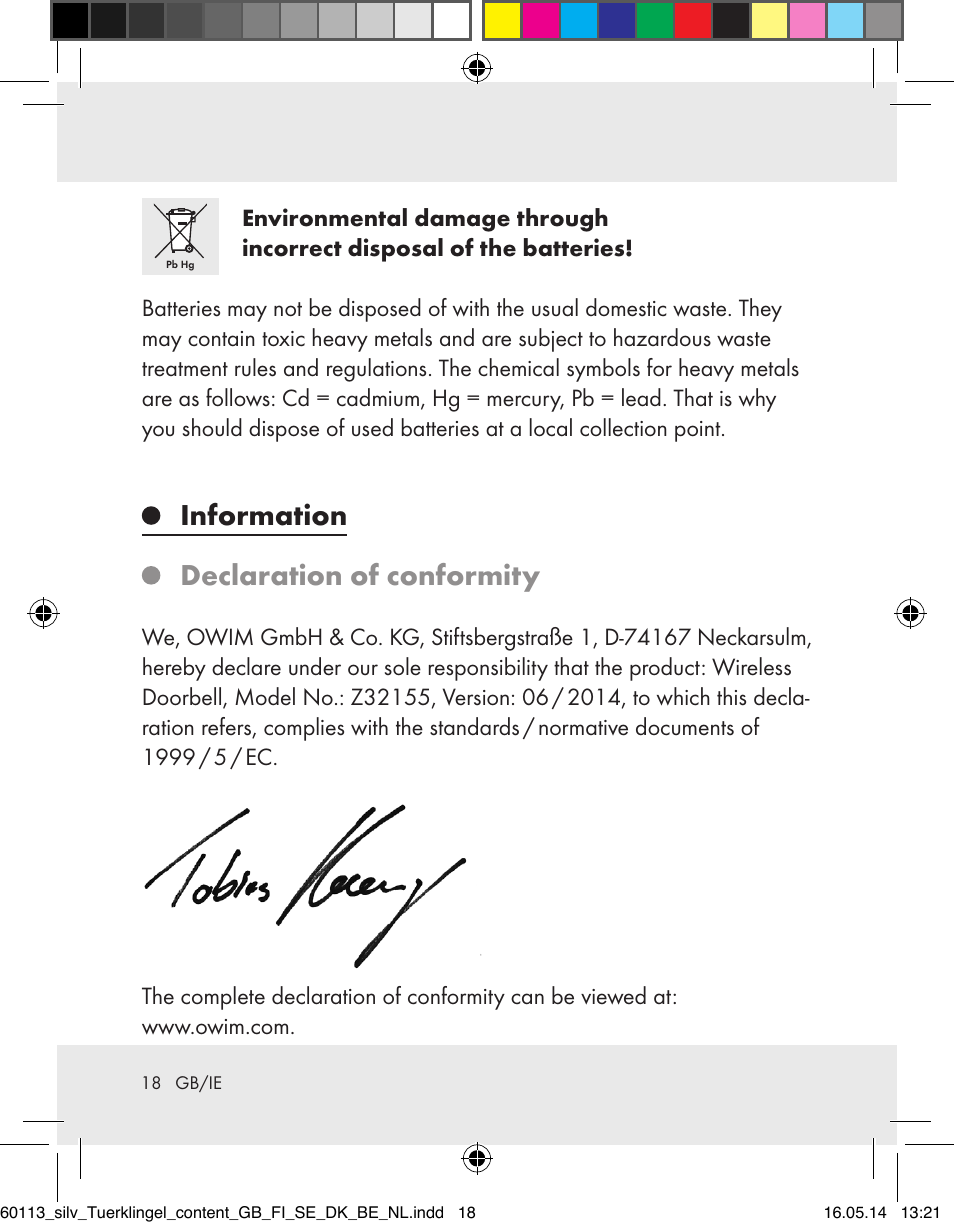Information declaration of conformity | Silvercrest Z32155 User Manual | Page 18 / 101