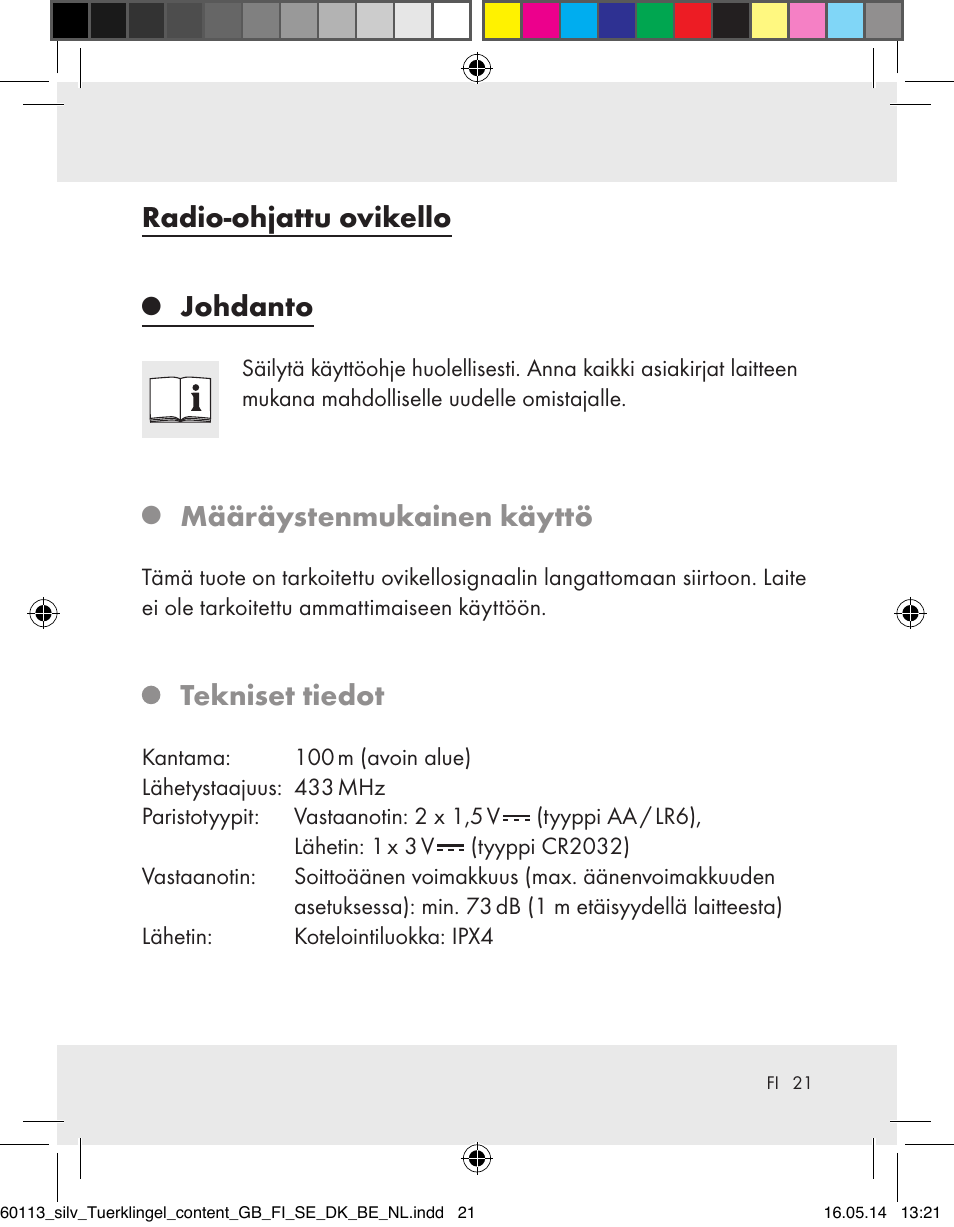 Radio-ohjattu ovikello, Johdanto, Määräystenmukainen käyttö | Tekniset tiedot | Silvercrest Z32155 User Manual | Page 21 / 101