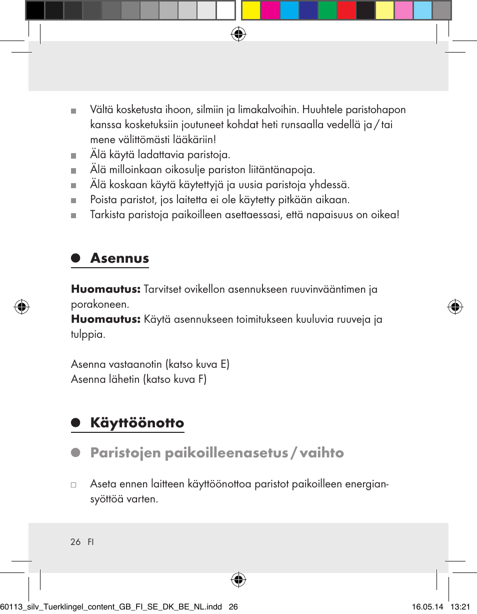 Asennus, Käyttöönotto paristojen paikoilleenasetus / vaihto | Silvercrest Z32155 User Manual | Page 26 / 101