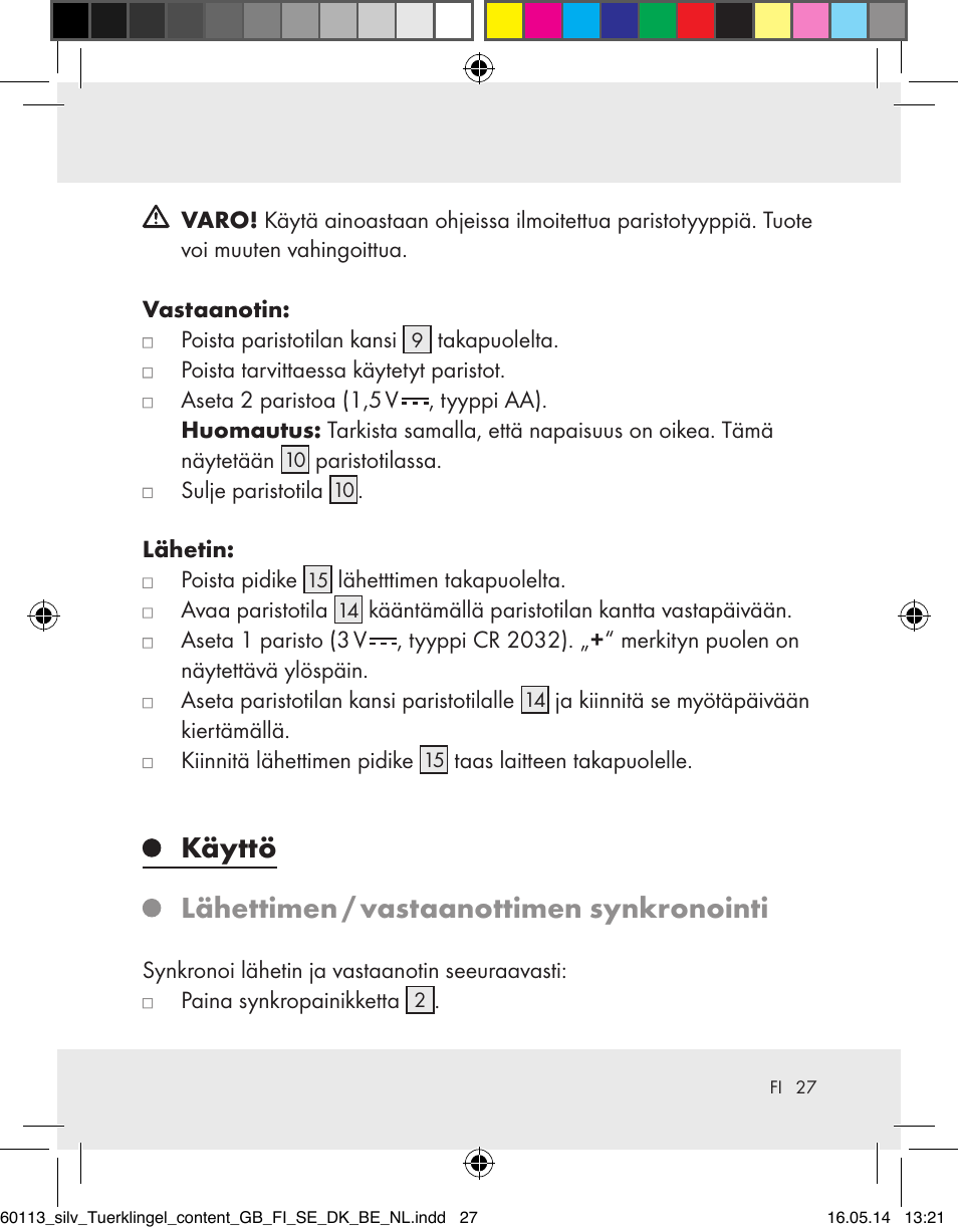 Käyttö lähettimen / vastaanottimen synkronointi | Silvercrest Z32155 User Manual | Page 27 / 101