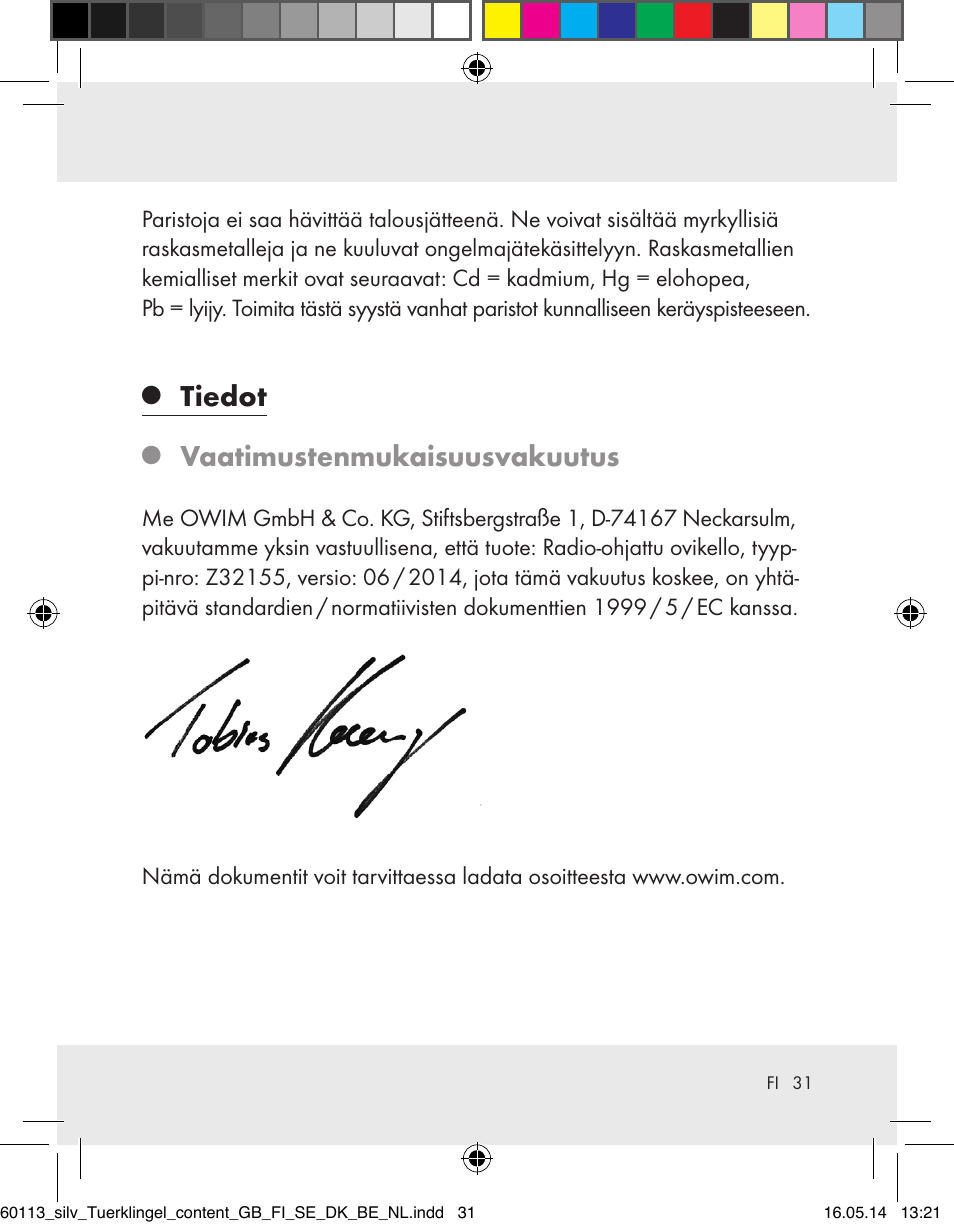 Tiedot, Vaatimustenmukaisuusvakuutus | Silvercrest Z32155 User Manual | Page 31 / 101
