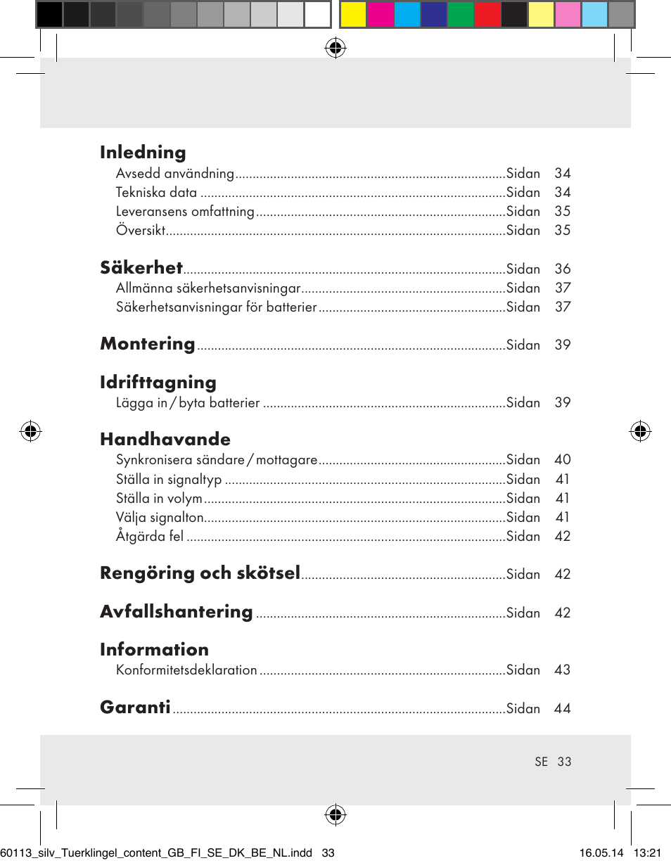 Inledning, Säkerhet, Montering | Idrifttagning, Handhavande, Rengöring och skötsel, Avfallshantering, Information, Garanti | Silvercrest Z32155 User Manual | Page 33 / 101