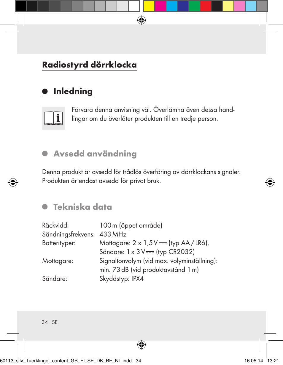 Radiostyrd dörrklocka, Inledning, Avsedd användning | Tekniska data | Silvercrest Z32155 User Manual | Page 34 / 101
