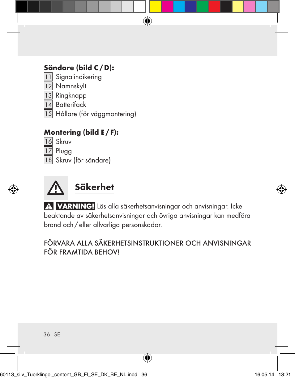 Säkerhet | Silvercrest Z32155 User Manual | Page 36 / 101