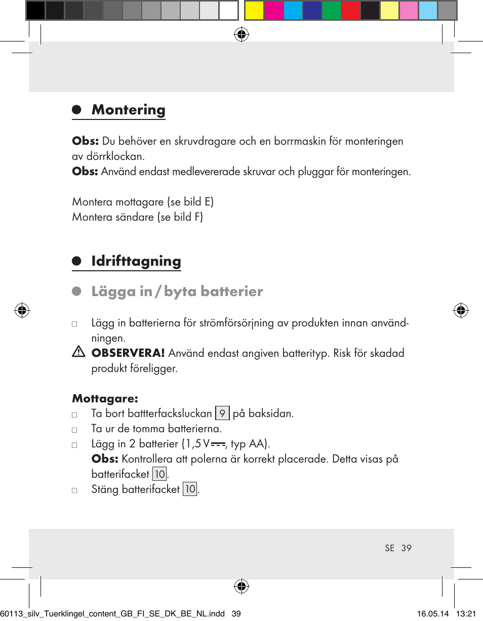 Montering, Idrifttagning lägga in / byta batterier | Silvercrest Z32155 User Manual | Page 39 / 101