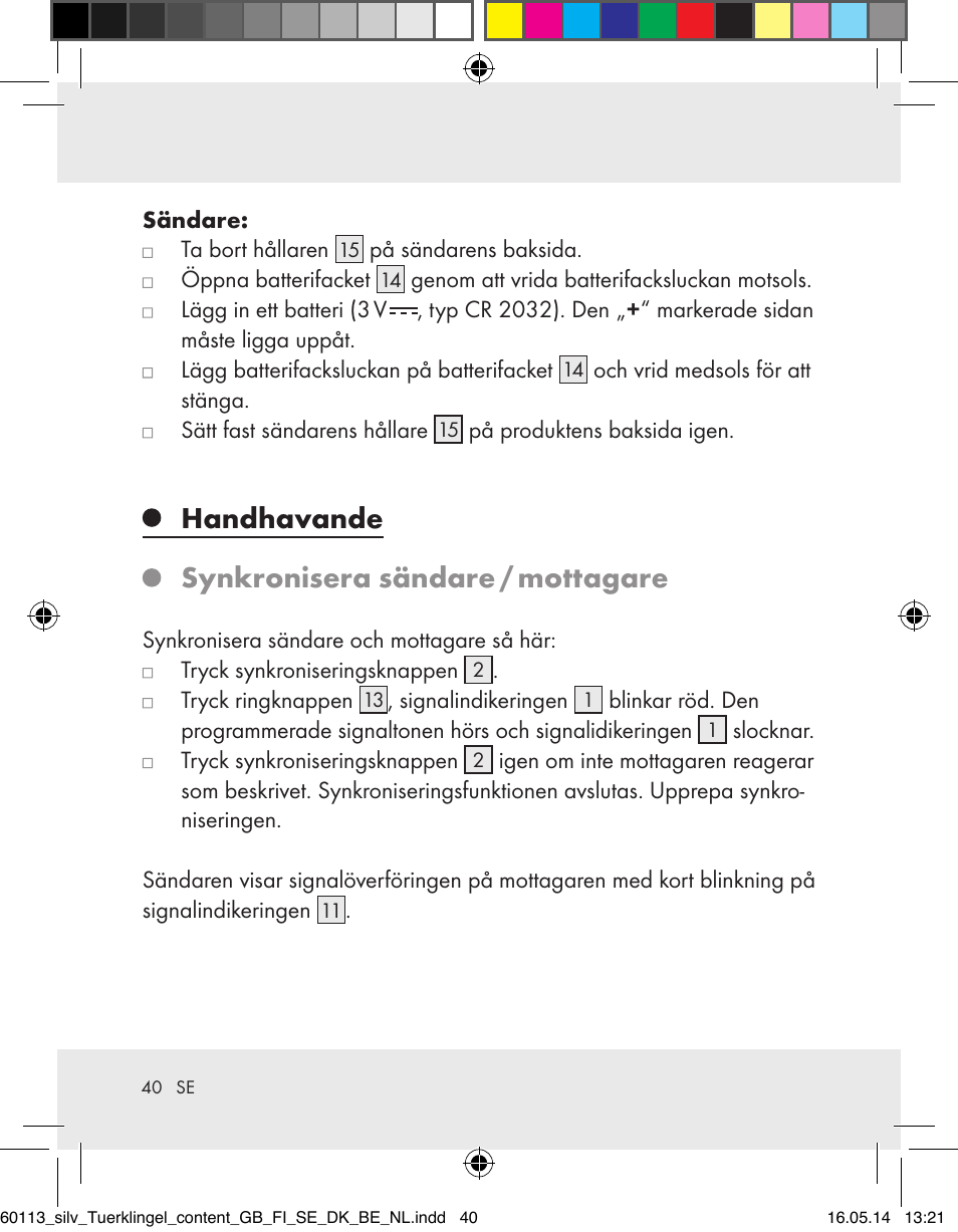 Handhavande synkronisera sändare / mottagare | Silvercrest Z32155 User Manual | Page 40 / 101
