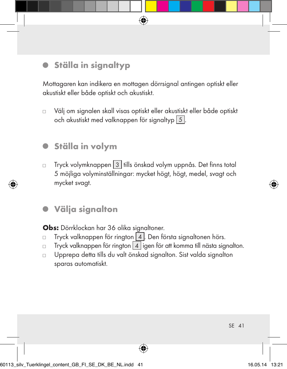 Ställa in signaltyp, Ställa in volym, Välja signalton | Silvercrest Z32155 User Manual | Page 41 / 101