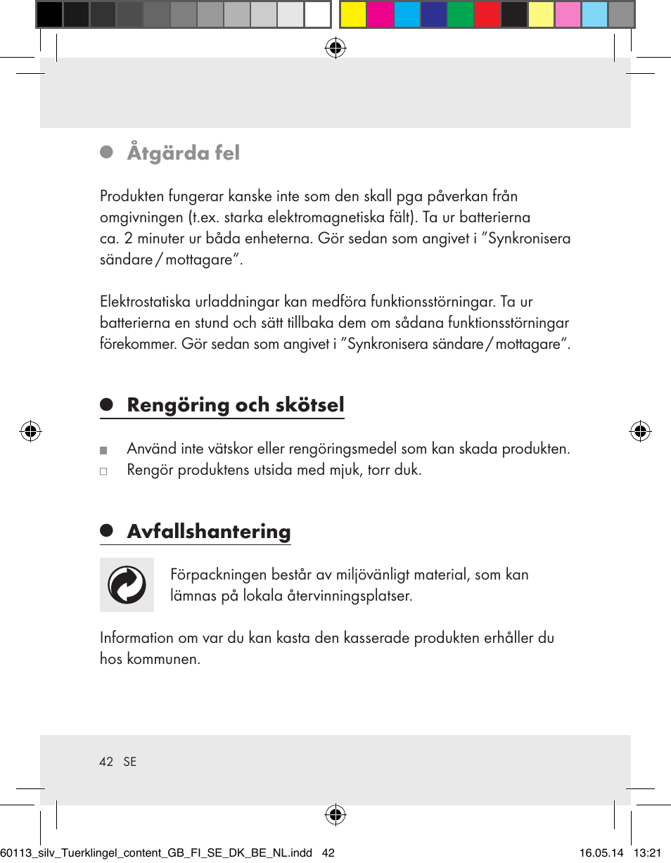 Åtgärda fel, Rengöring och skötsel, Avfallshantering | Silvercrest Z32155 User Manual | Page 42 / 101