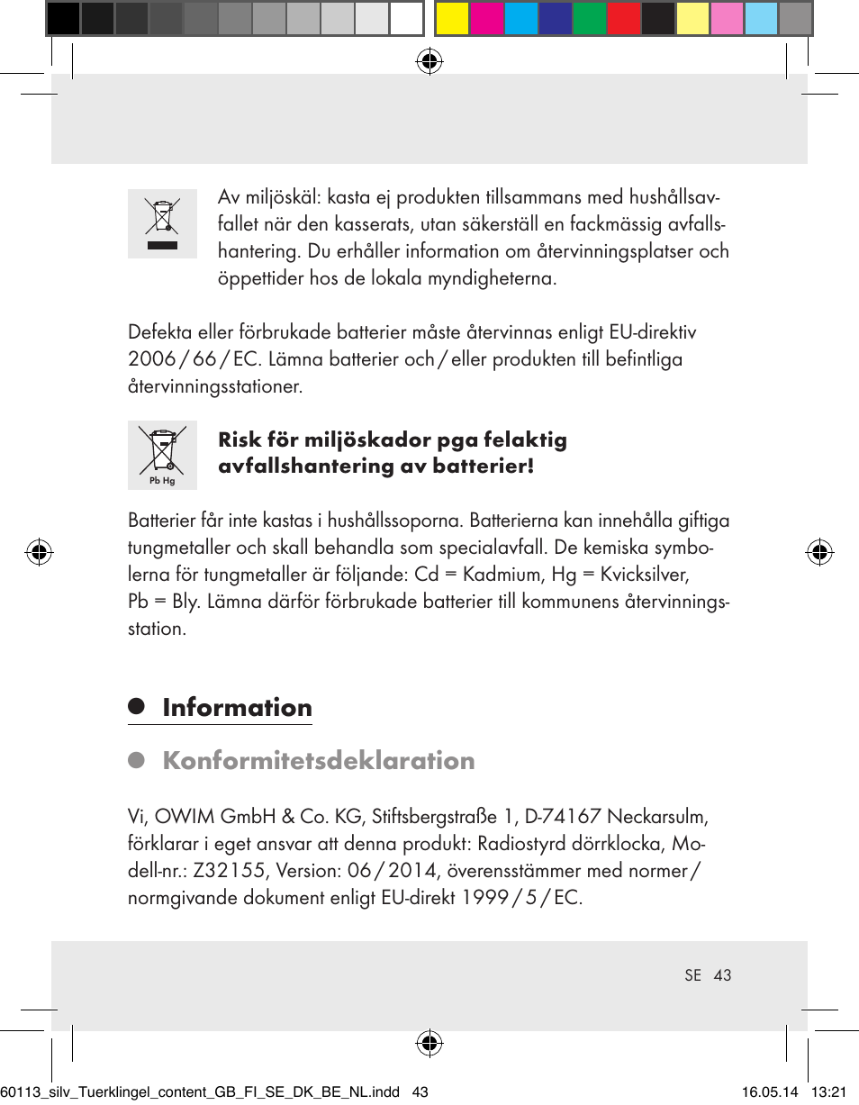 Information, Konformitetsdeklaration | Silvercrest Z32155 User Manual | Page 43 / 101