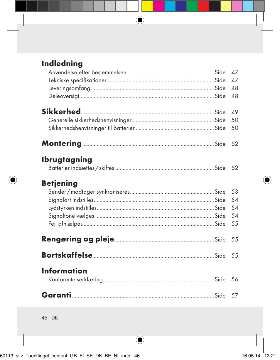 Indledning, Sikkerhed, Montering | Ibrugtagning, Betjening, Rengøring og pleje, Bortskaffelse, Information, Garanti | Silvercrest Z32155 User Manual | Page 46 / 101