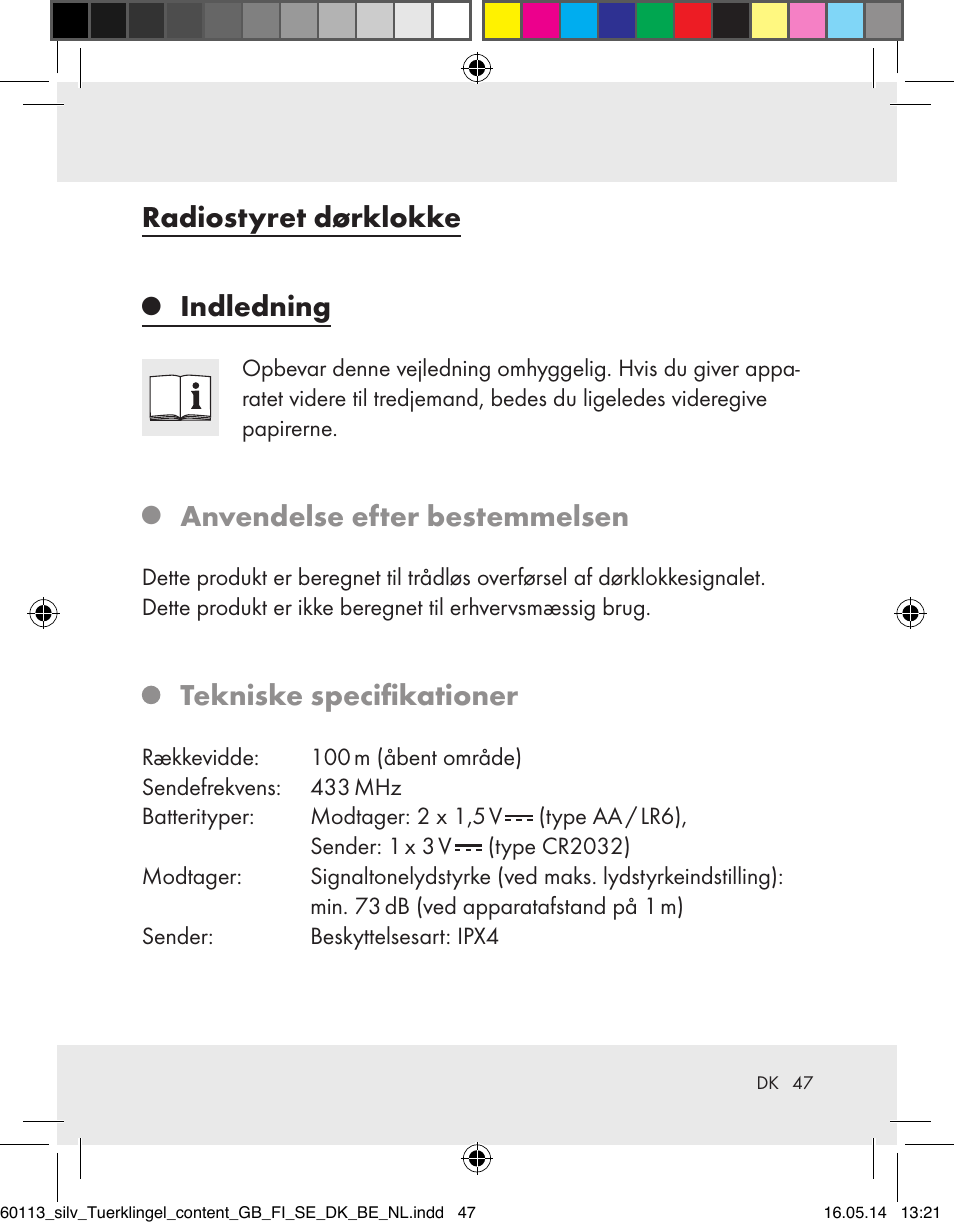 Radiostyret dørklokke, Indledning, Anvendelse efter bestemmelsen | Tekniske specifikationer | Silvercrest Z32155 User Manual | Page 47 / 101
