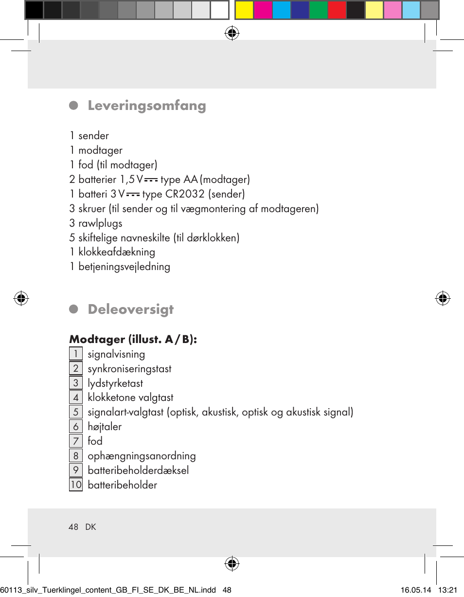 Leveringsomfang, Deleoversigt | Silvercrest Z32155 User Manual | Page 48 / 101