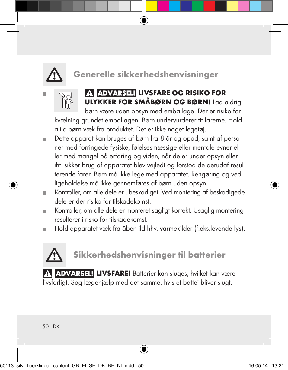 Generelle sikkerhedshenvisninger, Sikkerhedshenvisninger til batterier | Silvercrest Z32155 User Manual | Page 50 / 101