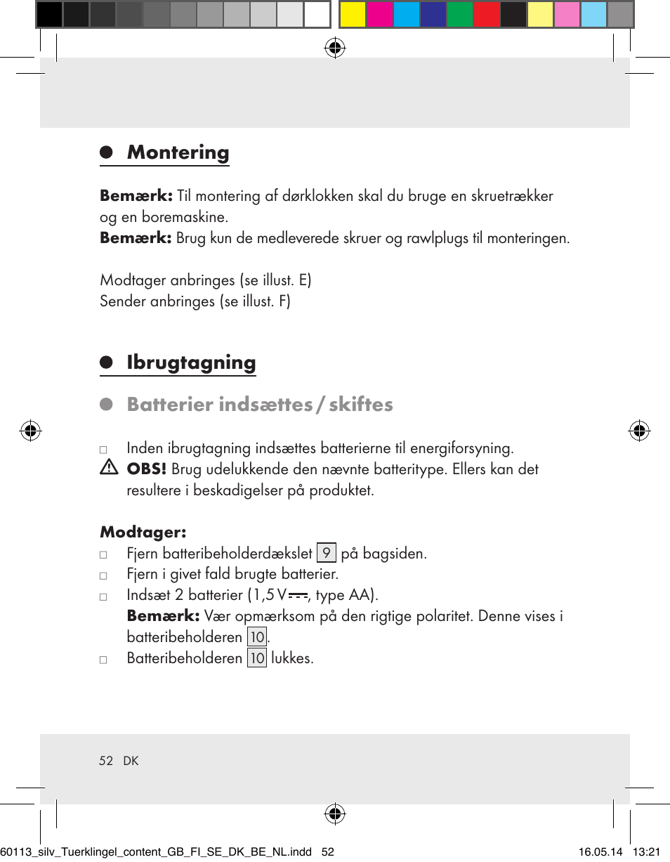 Montering, Ibrugtagning batterier indsættes / skiftes | Silvercrest Z32155 User Manual | Page 52 / 101