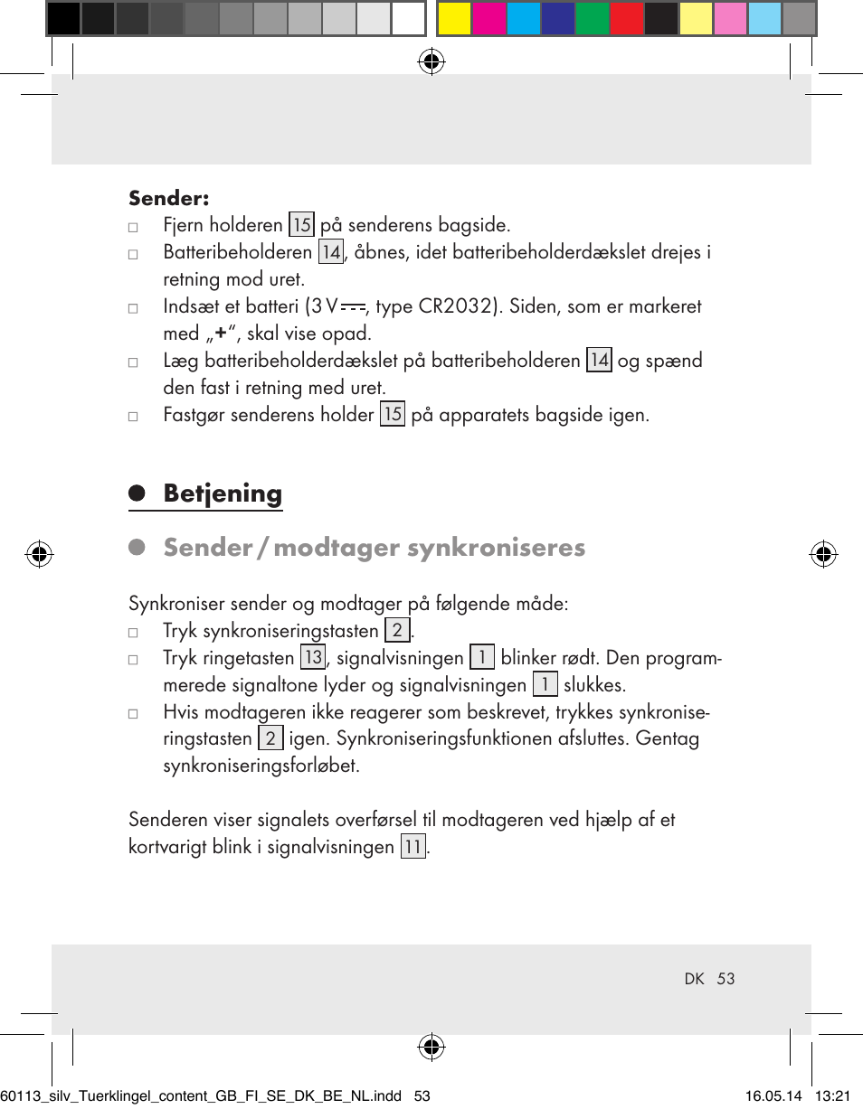 Betjening sender / modtager synkroniseres | Silvercrest Z32155 User Manual | Page 53 / 101