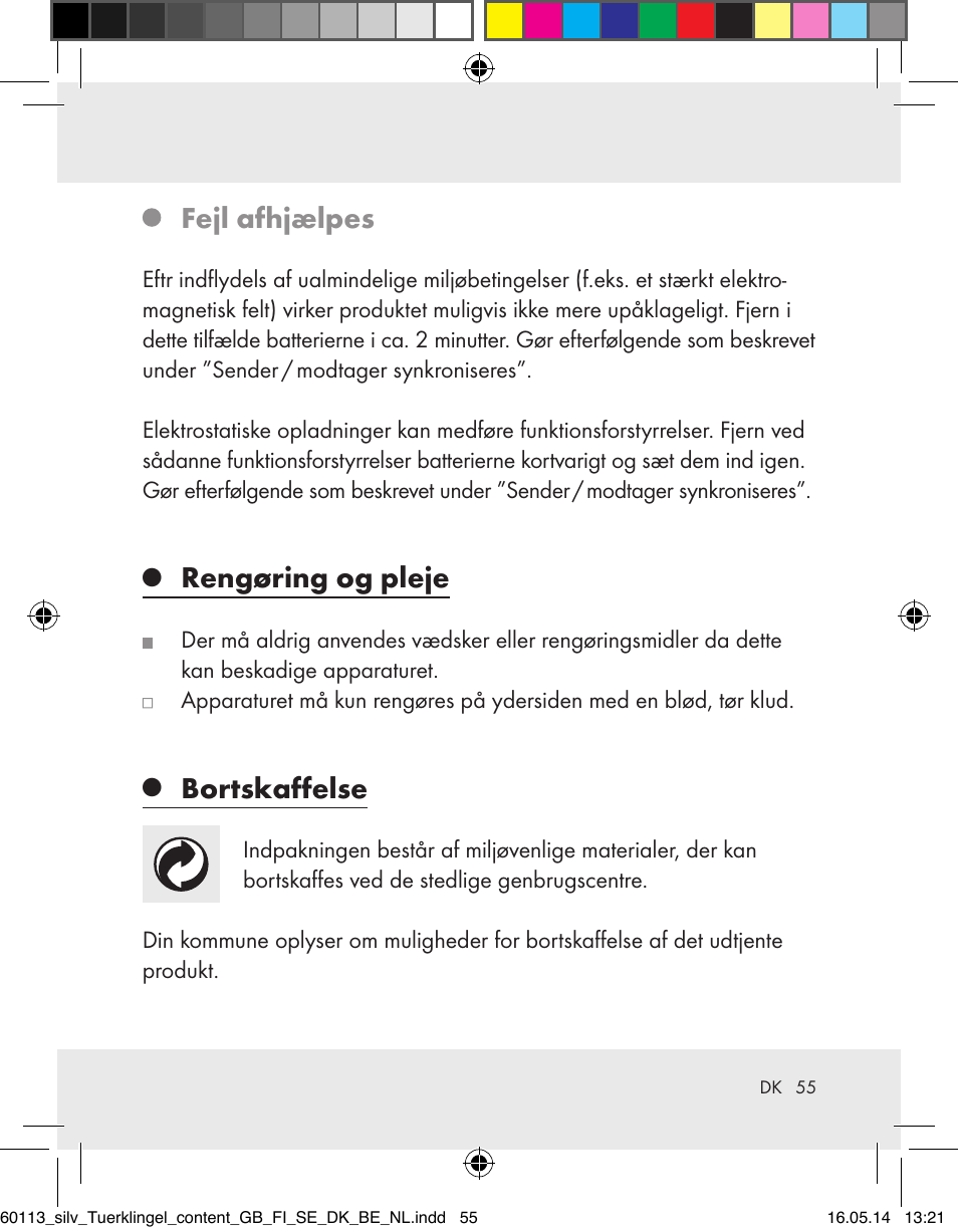 Fejl afhjælpes, Rengøring og pleje, Bortskaffelse | Silvercrest Z32155 User Manual | Page 55 / 101