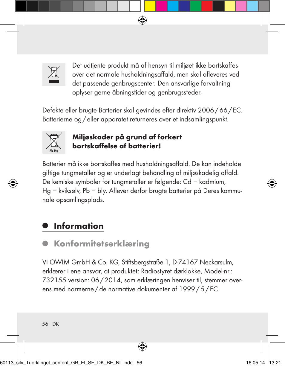 Information, Konformitetserklæring | Silvercrest Z32155 User Manual | Page 56 / 101
