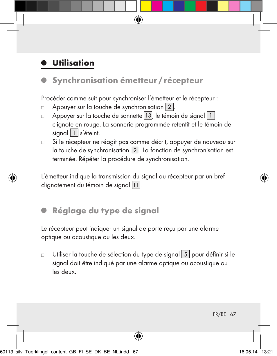 Utilisation synchronisation émetteur / récepteur, Réglage du type de signal | Silvercrest Z32155 User Manual | Page 67 / 101