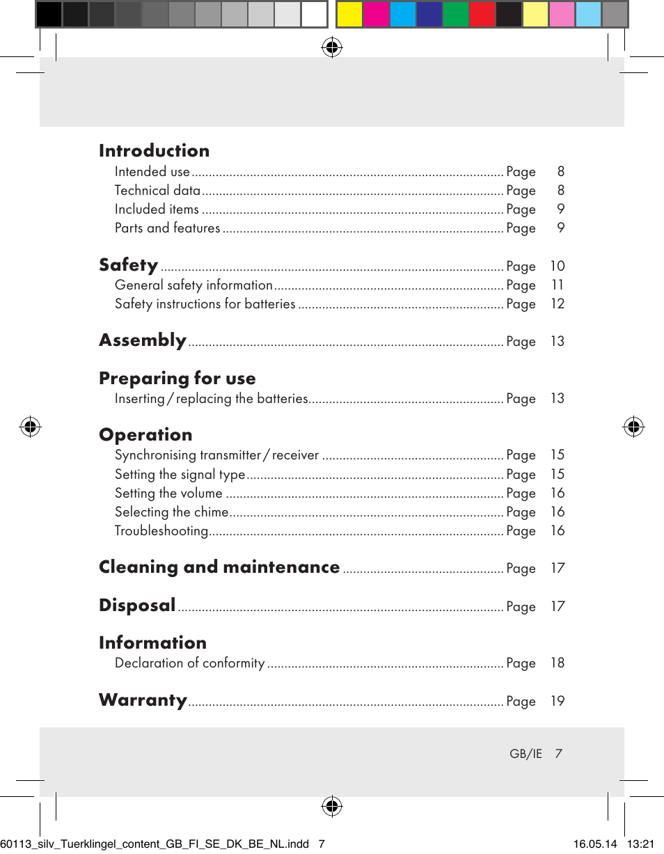Introduction, Safety, Assembly | Preparing for use, Operation, Cleaning and maintenance, Disposal, Information, Warranty | Silvercrest Z32155 User Manual | Page 7 / 101