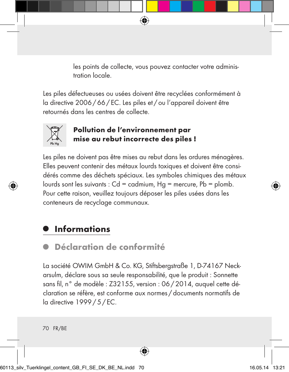 Informations, Déclaration de conformité | Silvercrest Z32155 User Manual | Page 70 / 101