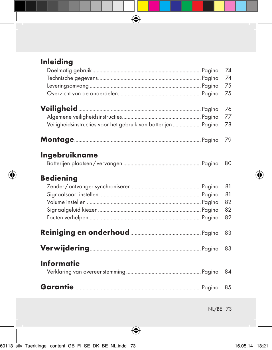 Inleiding, Veiligheid, Montage | Ingebruikname, Bediening, Reiniging en onderhoud, Verwijdering, Informatie, Garantie | Silvercrest Z32155 User Manual | Page 73 / 101