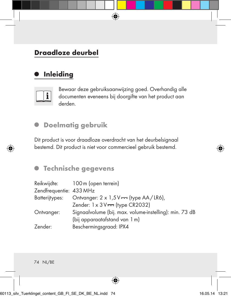 Draadloze deurbel, Inleiding, Doelmatig gebruik | Technische gegevens | Silvercrest Z32155 User Manual | Page 74 / 101