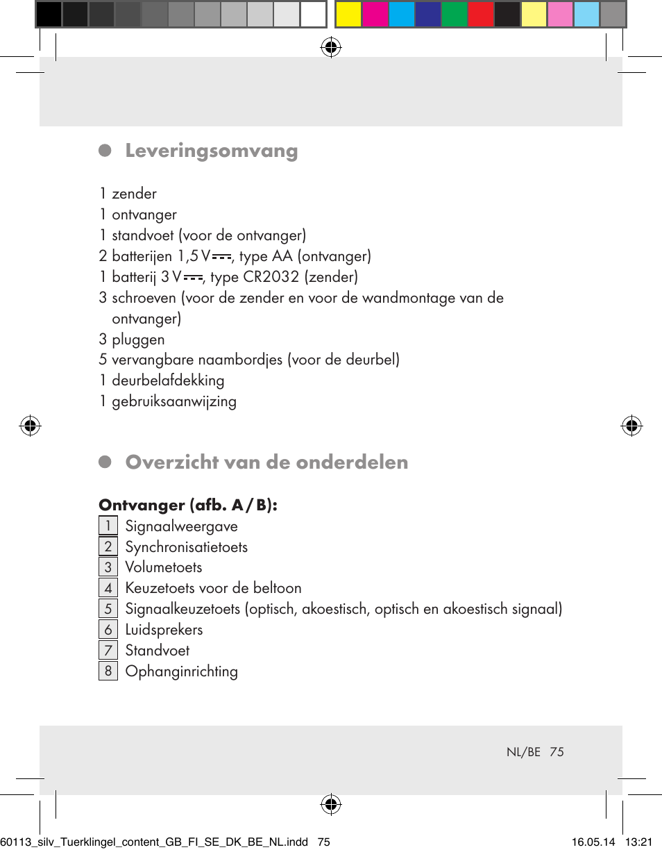 Leveringsomvang, Overzicht van de onderdelen | Silvercrest Z32155 User Manual | Page 75 / 101