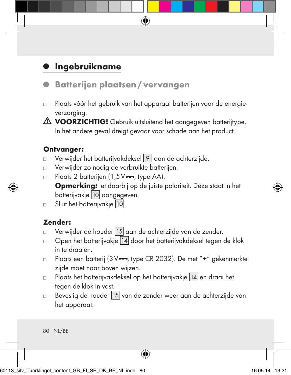 Ingebruikname batterijen plaatsen / vervangen | Silvercrest Z32155 User Manual | Page 80 / 101