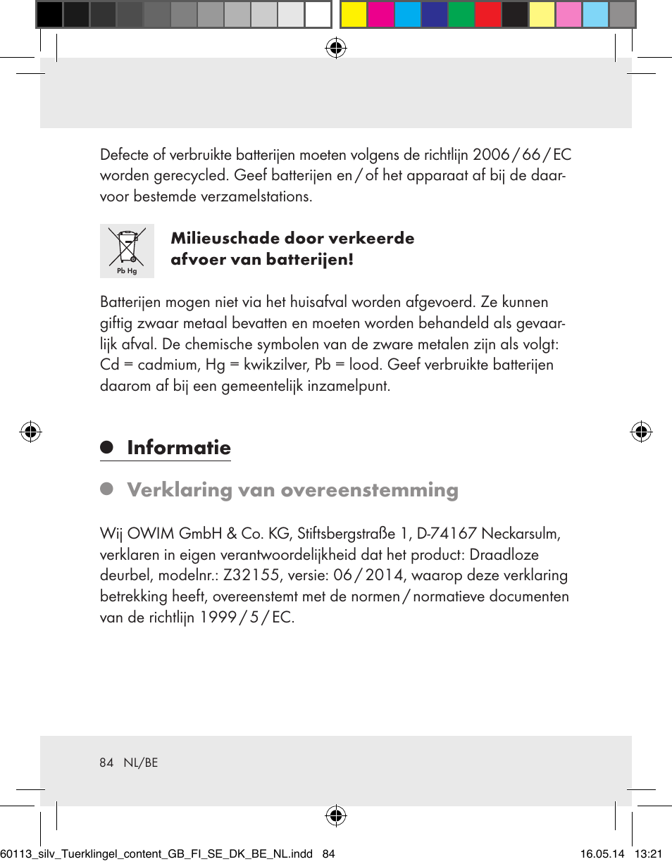 Informatie, Verklaring van overeenstemming | Silvercrest Z32155 User Manual | Page 84 / 101