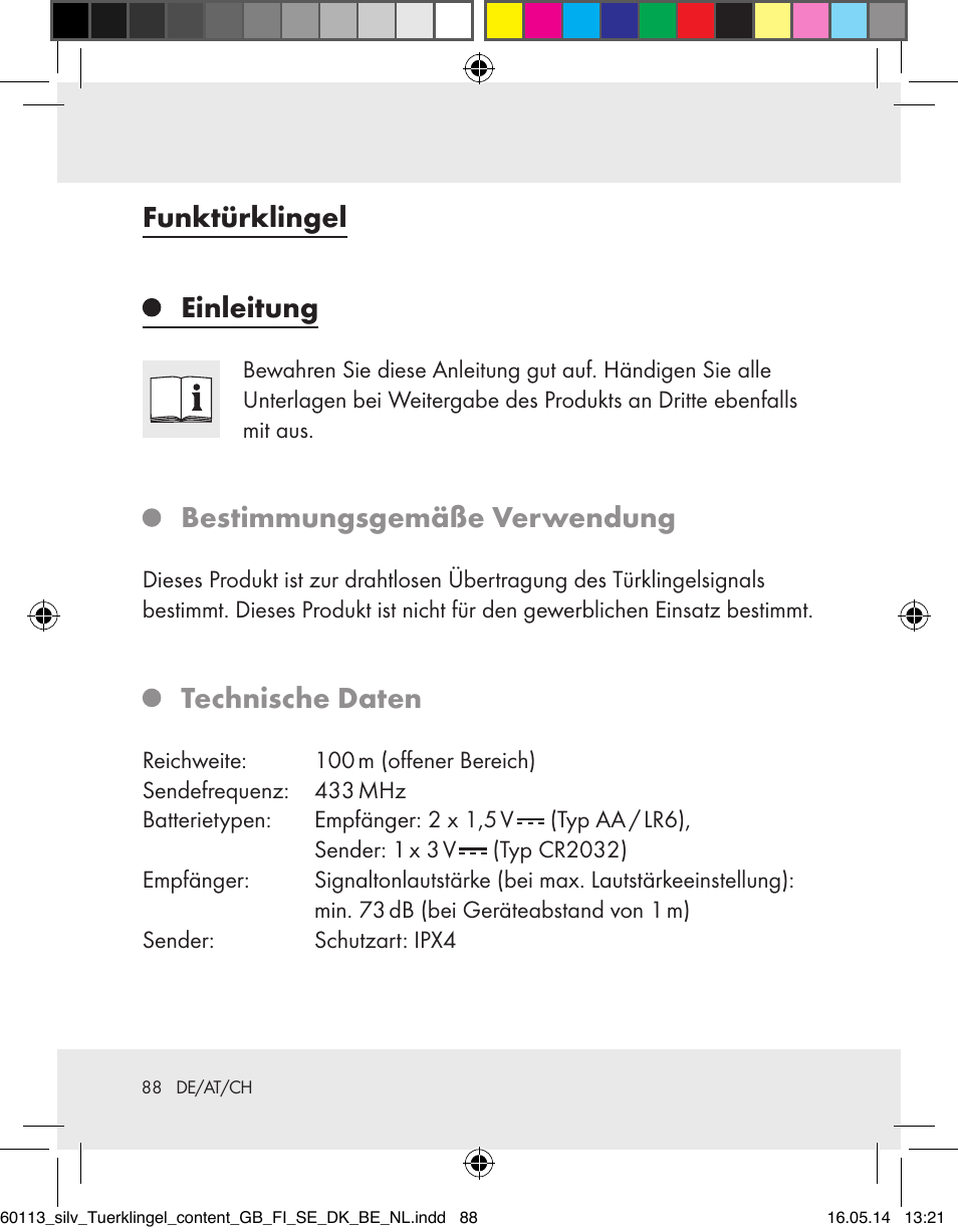 Funktürklingel einleitung, Bestimmungsgemäße verwendung, Technische daten | Silvercrest Z32155 User Manual | Page 88 / 101
