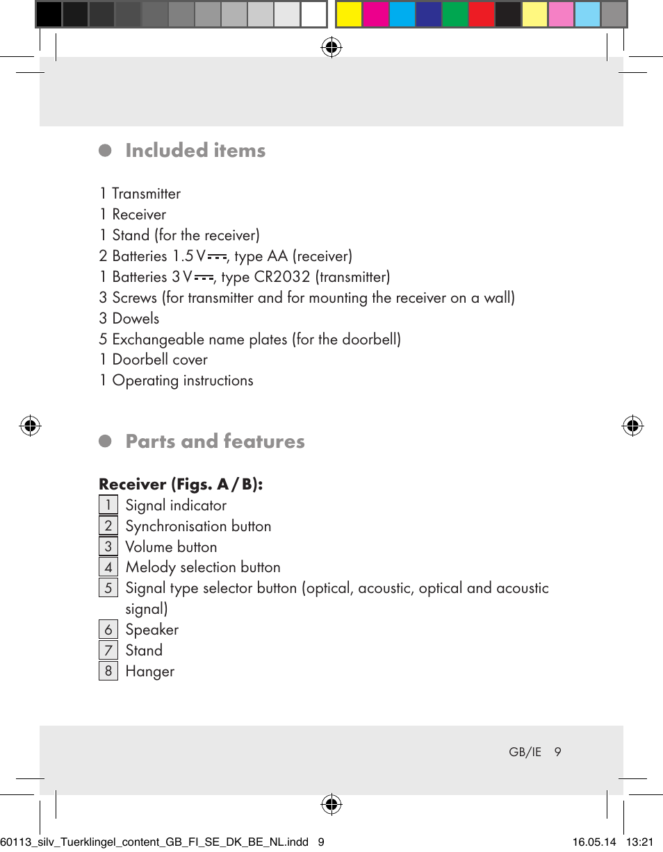 Included items, Parts and features | Silvercrest Z32155 User Manual | Page 9 / 101