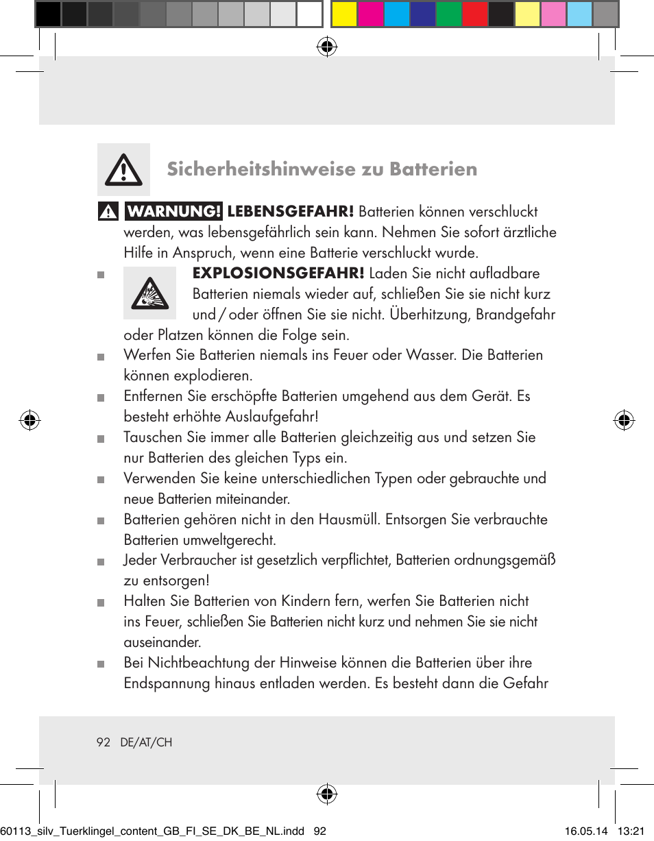 Sicherheitshinweise zu batterien | Silvercrest Z32155 User Manual | Page 92 / 101