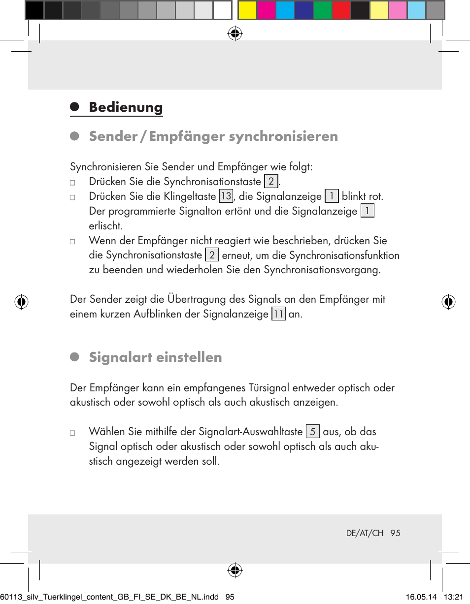Bedienung, Sender / empfänger synchronisieren, Signalart einstellen | Silvercrest Z32155 User Manual | Page 95 / 101