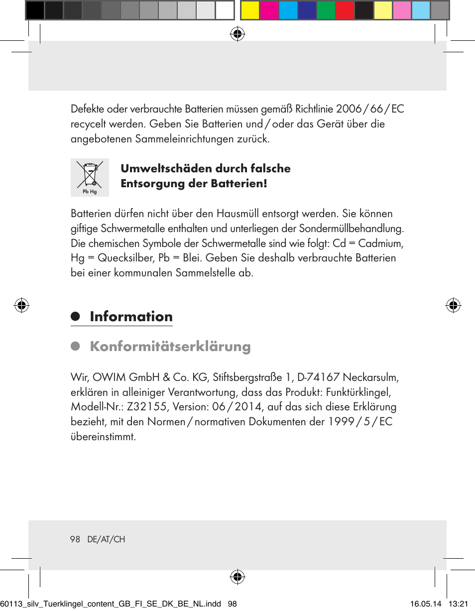 Information, Konformitätserklärung | Silvercrest Z32155 User Manual | Page 98 / 101