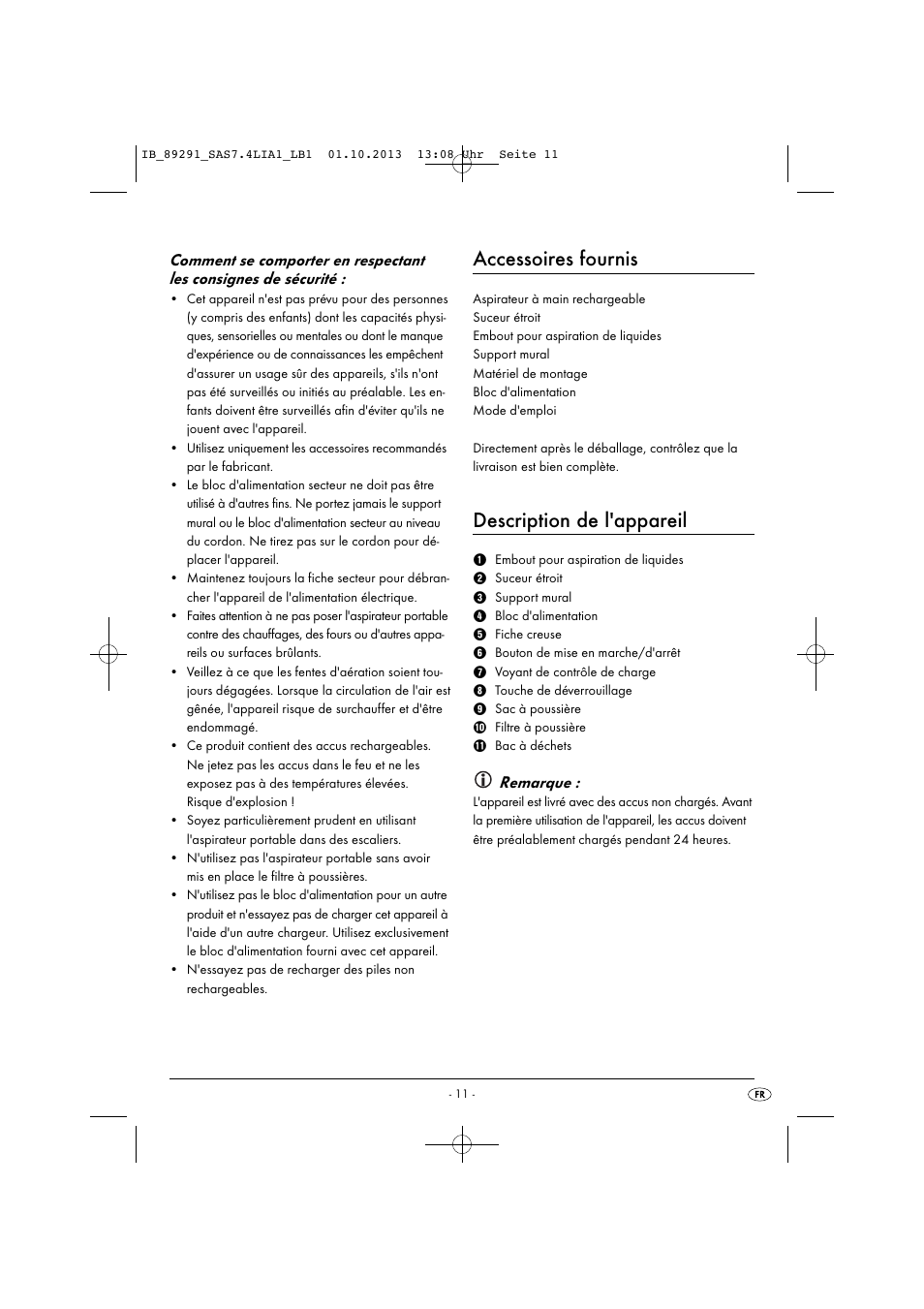 Accessoires fournis, Description de l'appareil, Remarque | Silvercrest SAS 7.4 LI A2 User Manual | Page 14 / 43